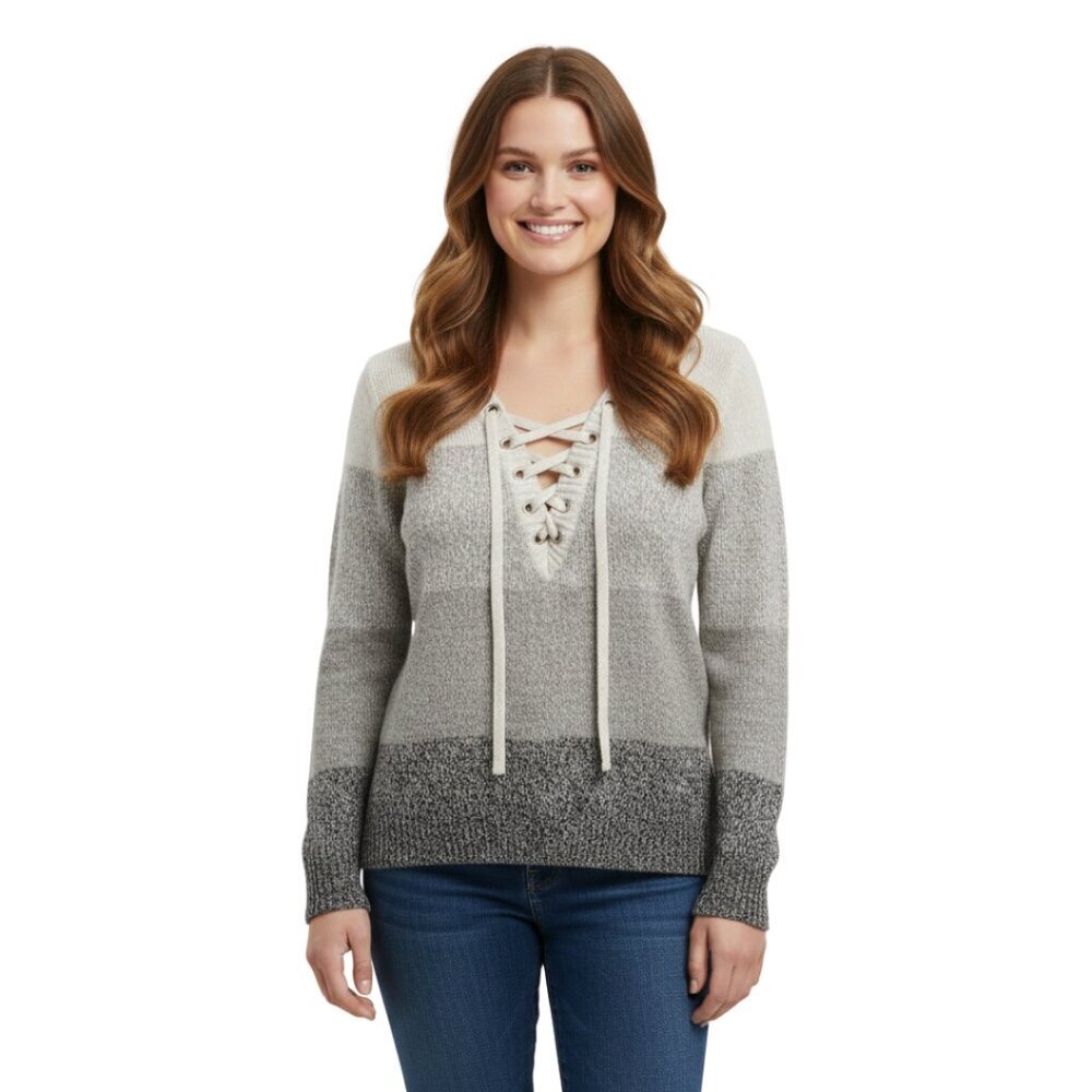 SOHO Jeans Super Cute Colorblock Lace Up V-Neck Sweater - Size Large